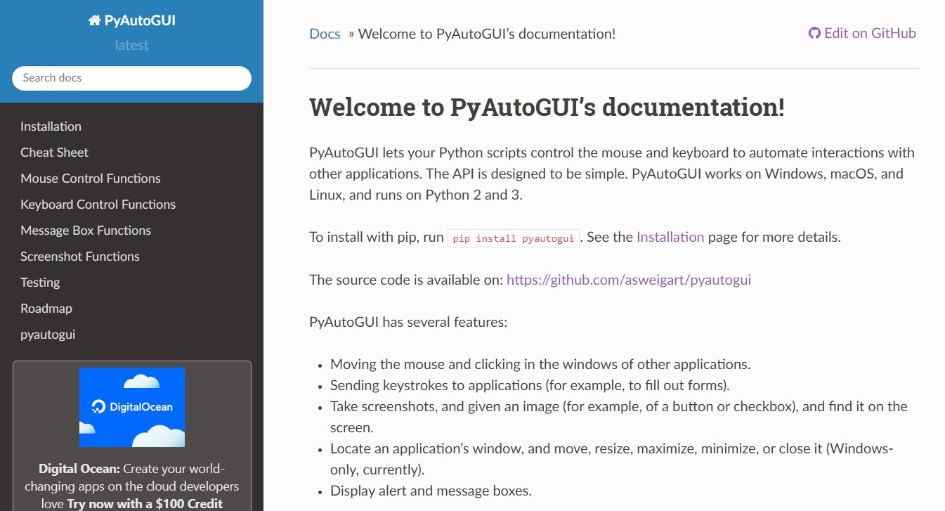 公式サイトに掲載されたPyAutoGUIの定義
