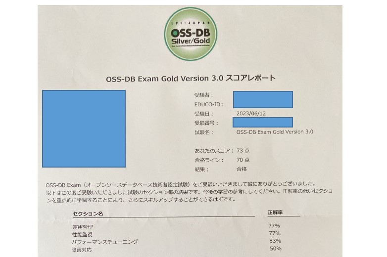 OSS-DB Gold Ver.3.0のスコアレポート兼合格証明書