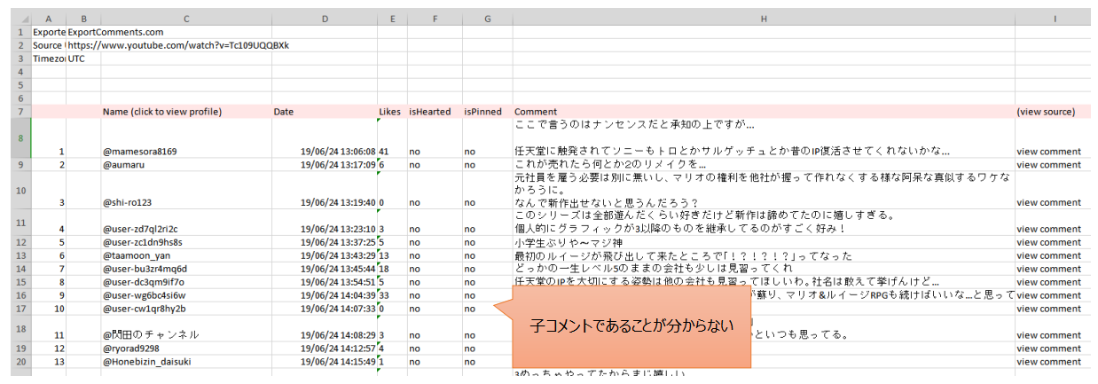 Export YouTube Commentsで作成されたファイルの例