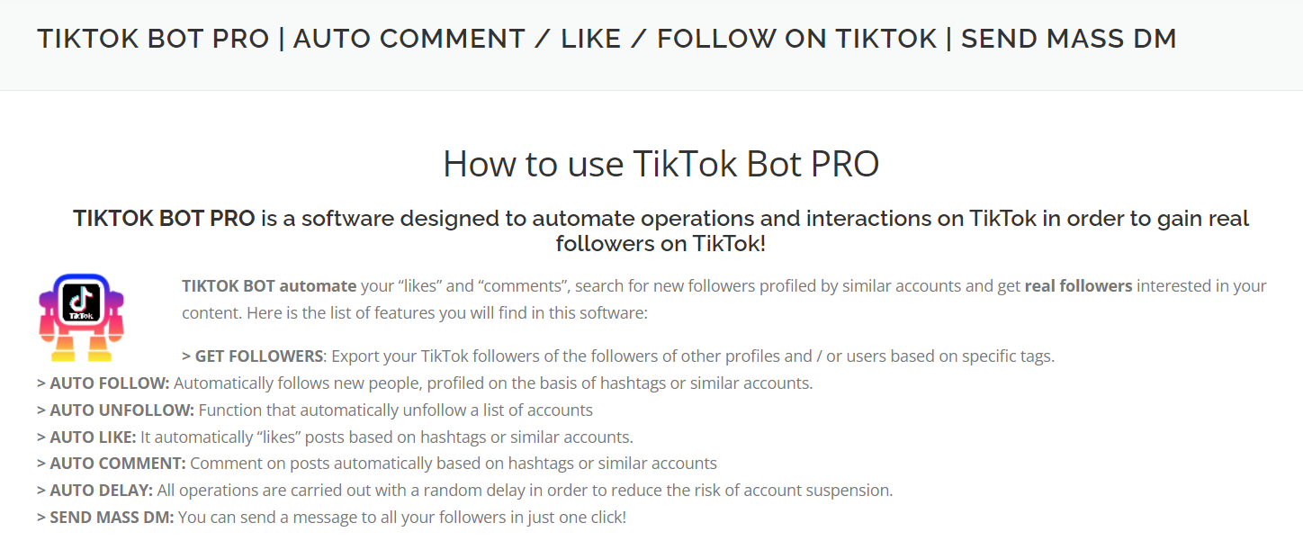 TIKTOK BOT PROのトップページ